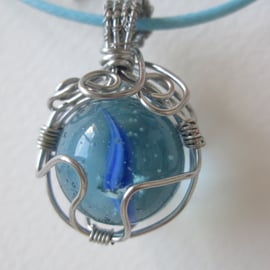 Blue glass marble pendant. Necklace