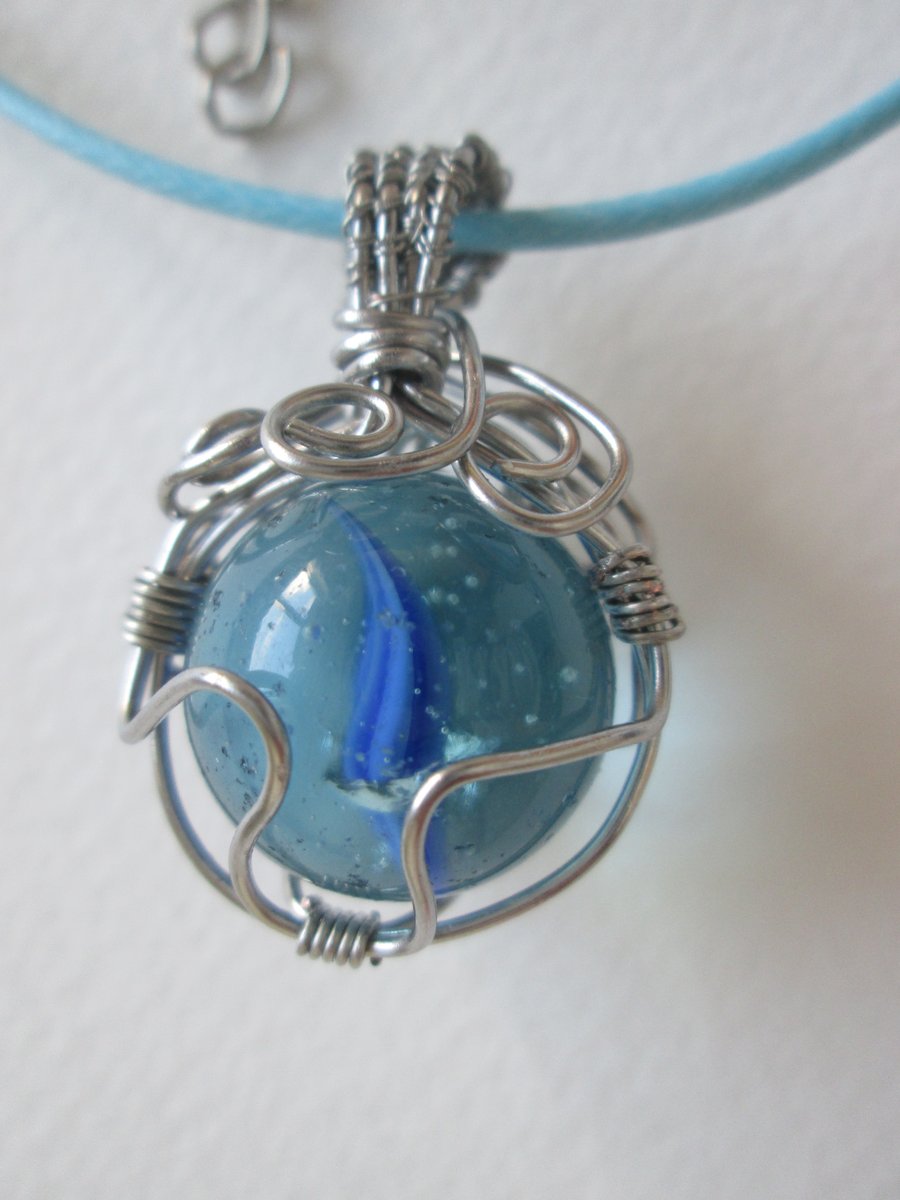 Blue glass marble pendant. Necklace
