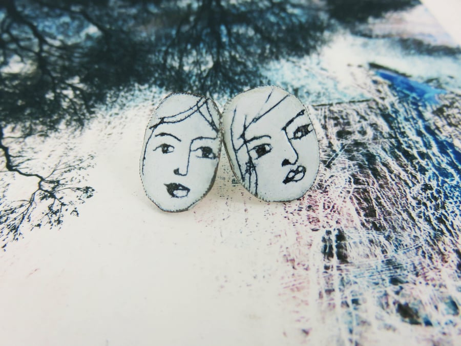Copper and Enamel Studs with Hand Drawn Faces