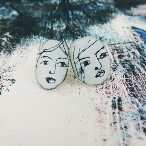 Copper and Enamel Studs with Hand Drawn Faces