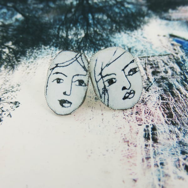 Copper and Enamel Studs with Hand Drawn Faces