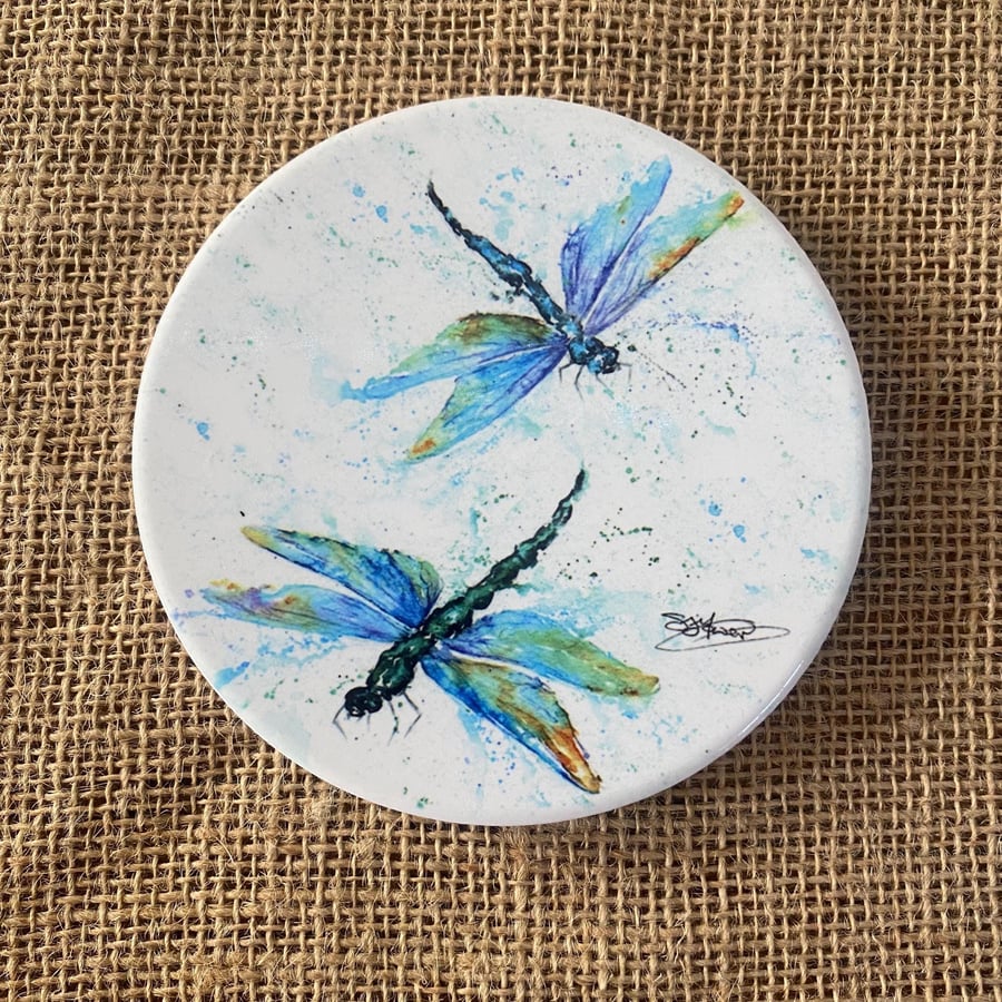 Dragonflies Ceramic Coaster with Cork Base, Large 10cm Round Coaster. From a Wat