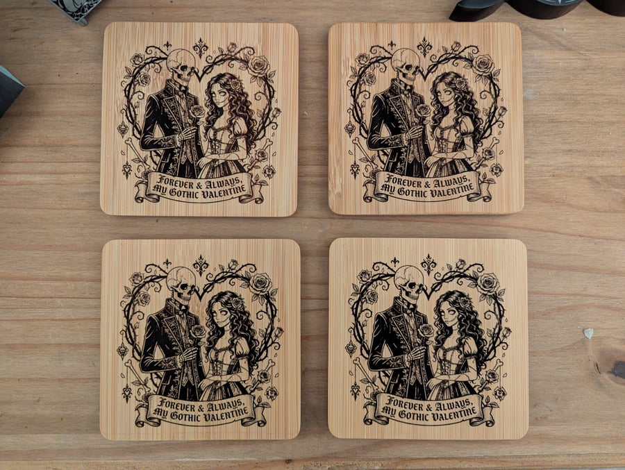 Gothic handmade engraved bamboo coasters set of 4