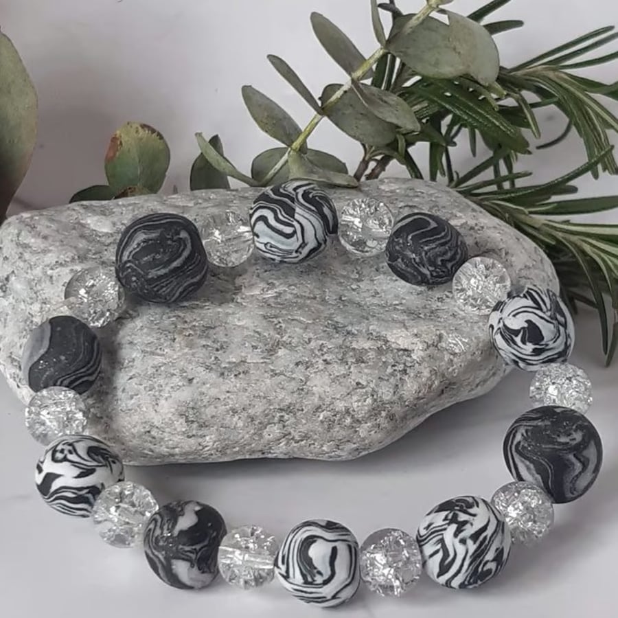 White, black and silver polymer clay stretch beaded bracelet  