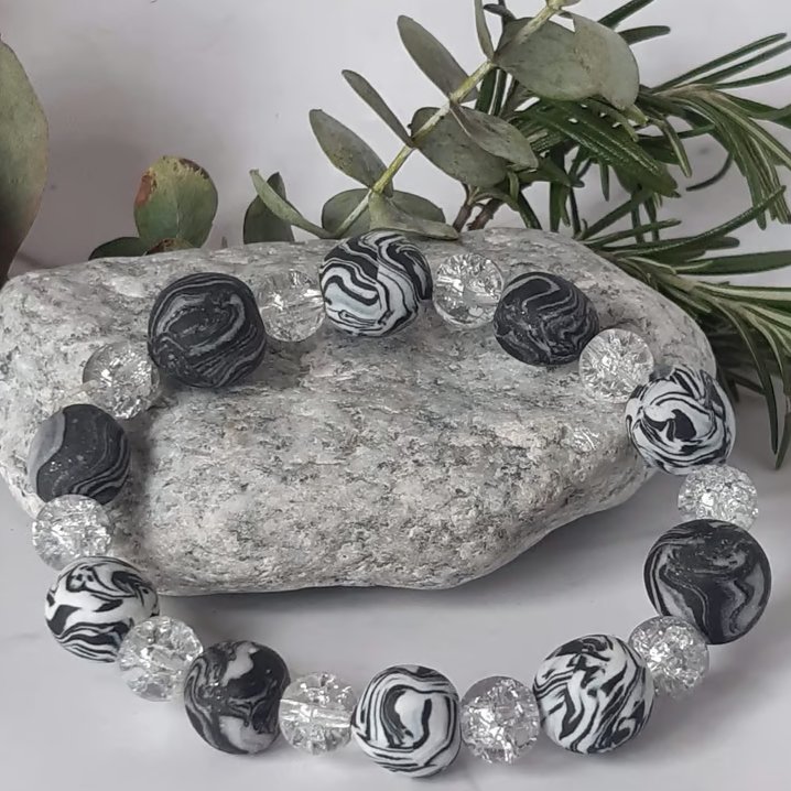 White, black and silver polymer clay stretch beaded bracelet  