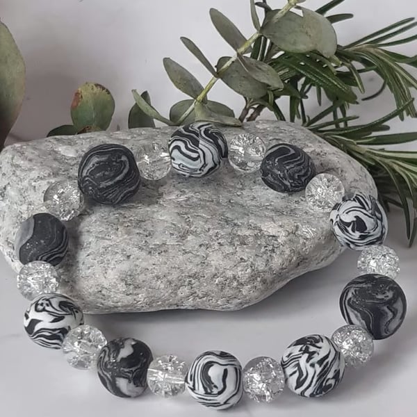 White, black and silver polymer clay stretch beaded bracelet  