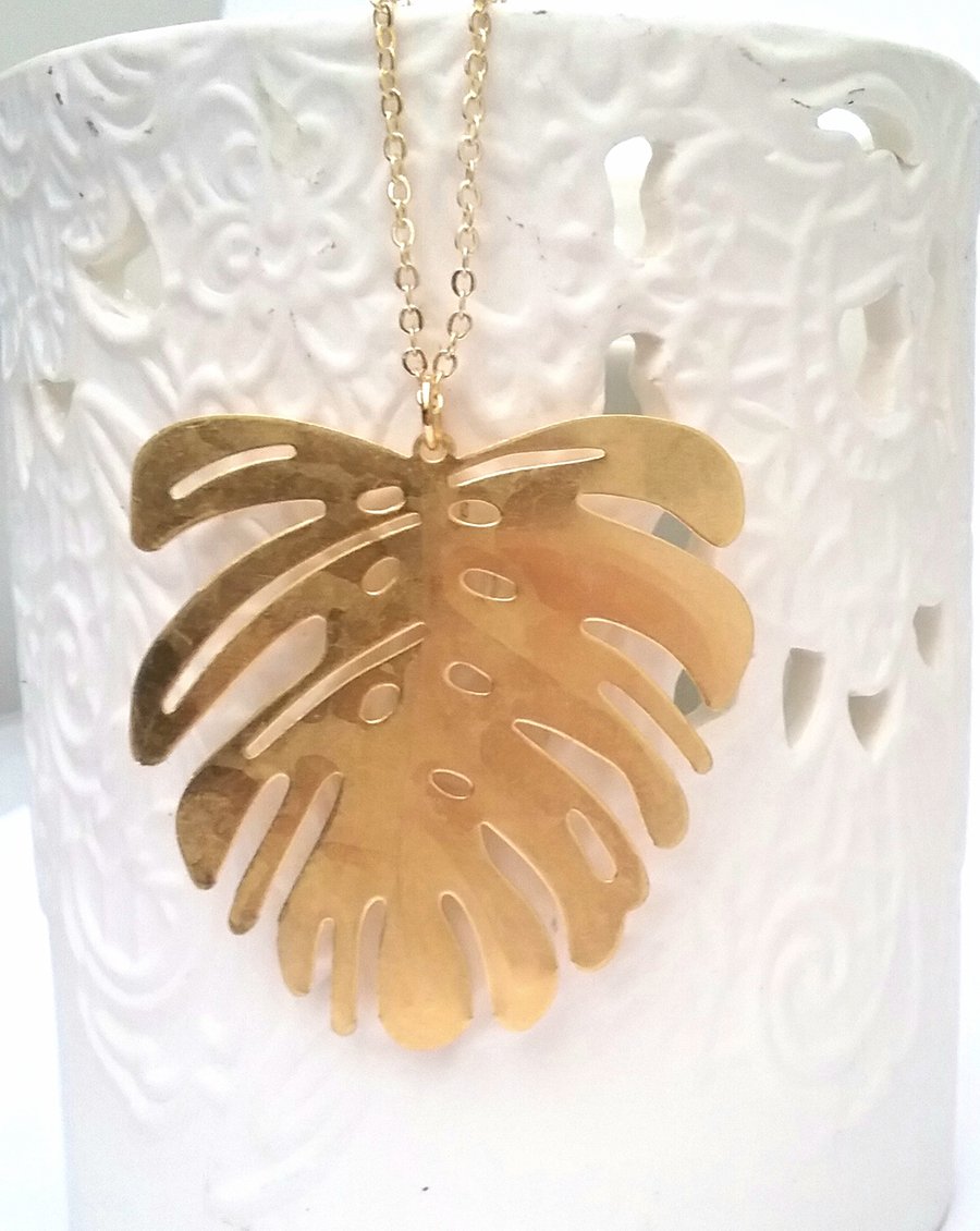 Raw Brass  Monstera Necklace 