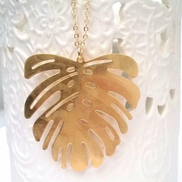 Raw Brass  Monstera Necklace 