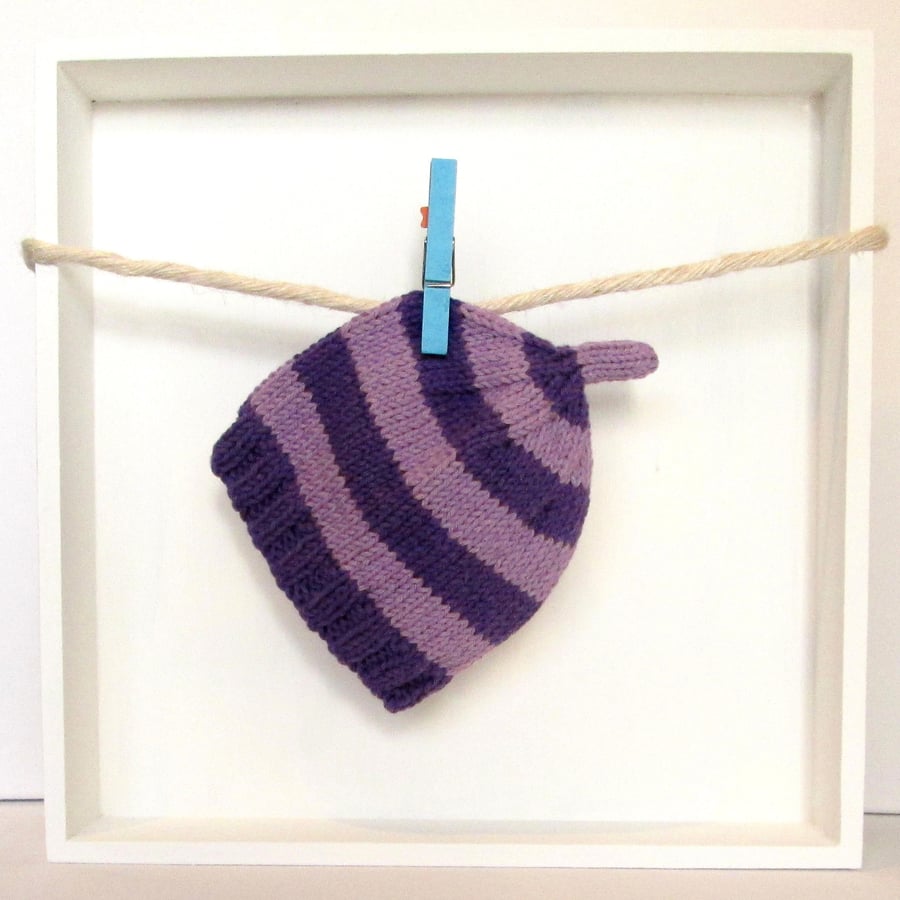 Baby Hat in Purple & Lilac Stripes Size 0 - 2 Months 