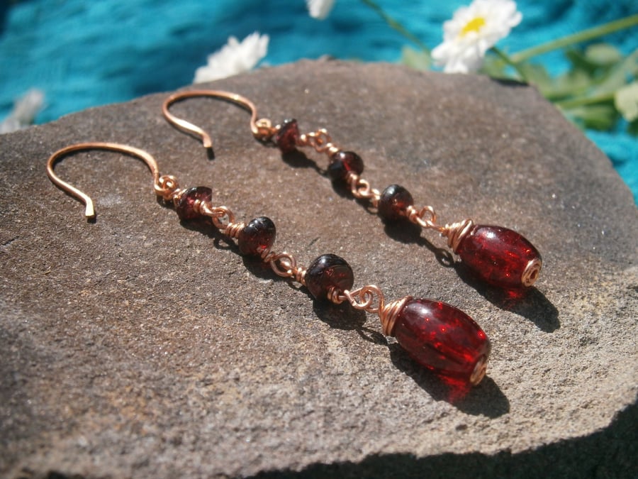 Garnet and Bead Drop Strand Copper Wire Earrings 