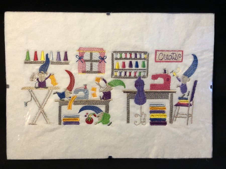 Framed Embroidered Craft Room Gnomes
