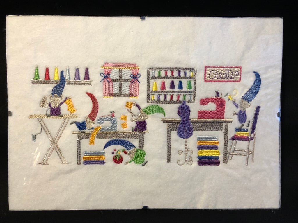 Framed Embroidered Craft Room Gnomes