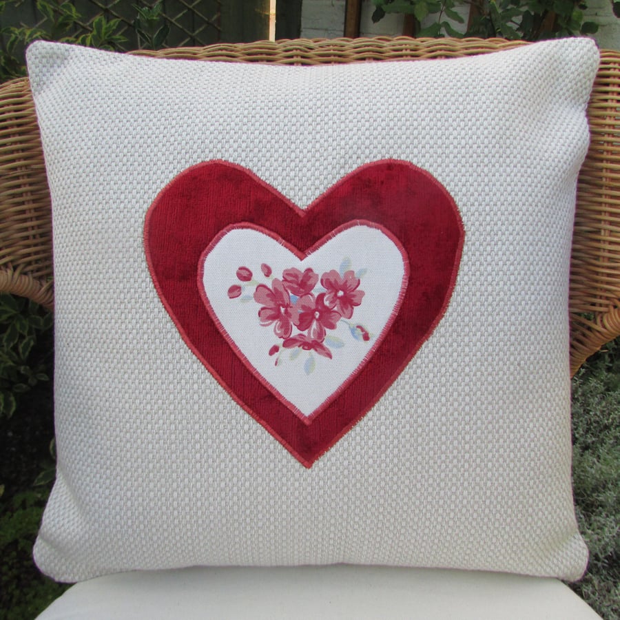 SALE - Cream and red heart applique cushion