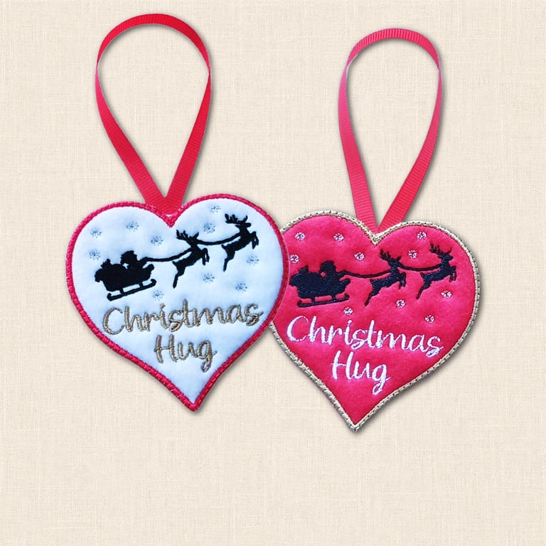 Christmas Hug Heart Tree Decoration - Embroidered Ornament