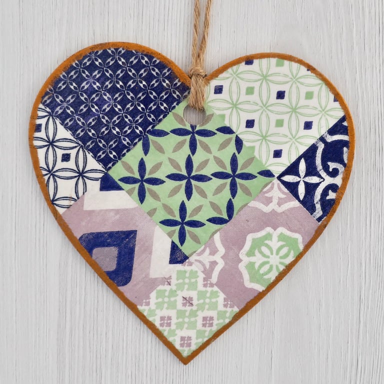 Decoupaged Wooden Hanging Heart: Green & Blue Patterned design 6” (15cm)