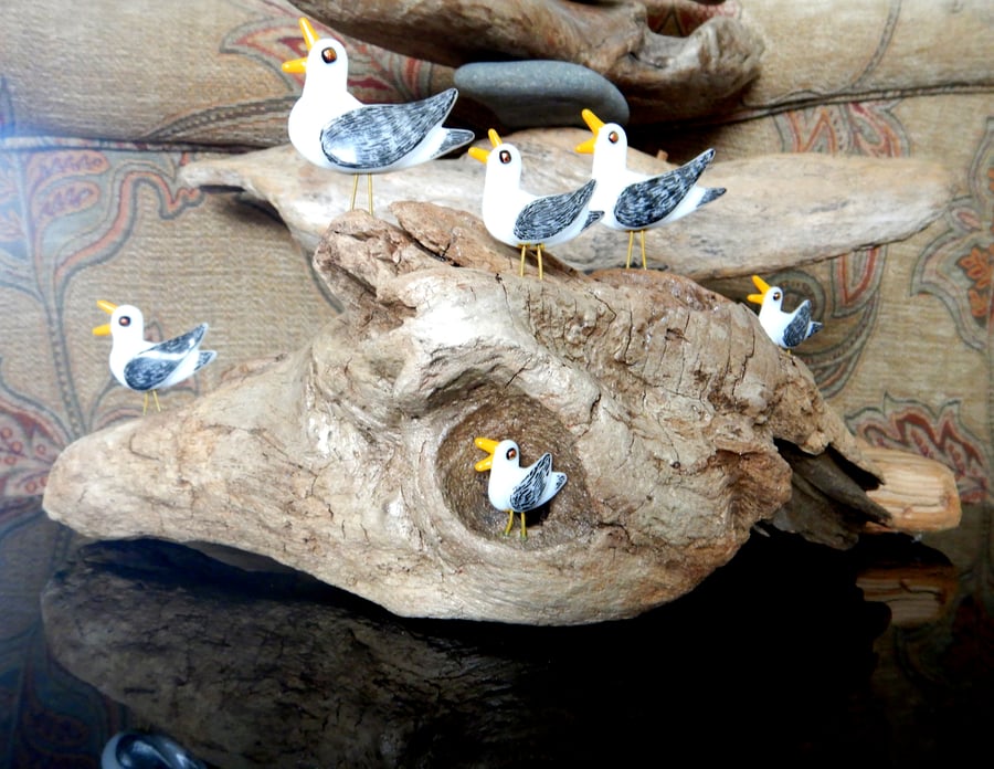 Handmade Fused Glass 'SeaGulls on Driftwood' ornament.