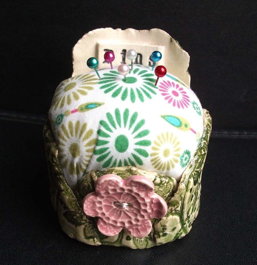 SALE ceramic pincushion with flower button