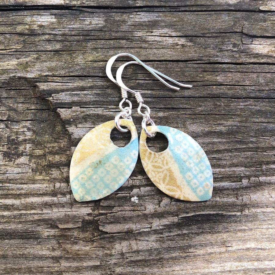 Decoupage and enamel scale earrings. Sterling silver. 