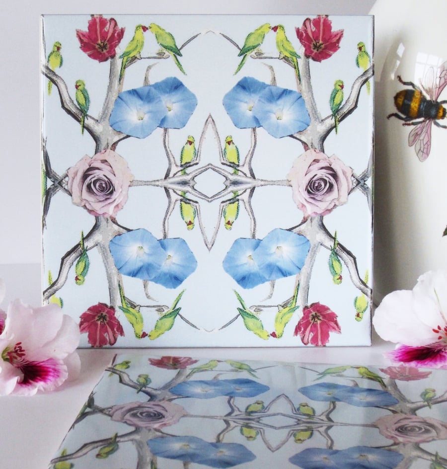 Parakeet and Flower Design Ceramic Tile Trivet with Cork Backing