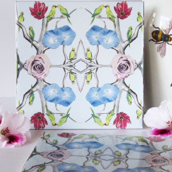 Parakeet and Flower Design Ceramic Tile Trivet with Cork Backing