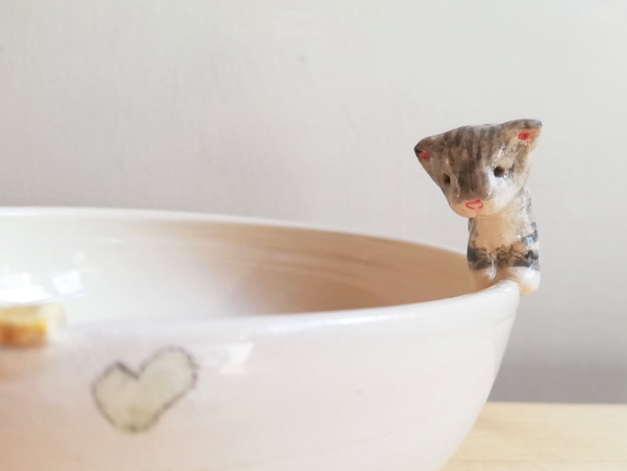 Hand made ceramic cat bowl with tabby cat and gold fish hearts and pawprints