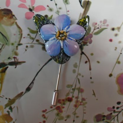 Handmade FORGET-ME-NOT PIN: Hand Painted Clay Forget-Me-Not Lapel Flower Brooch