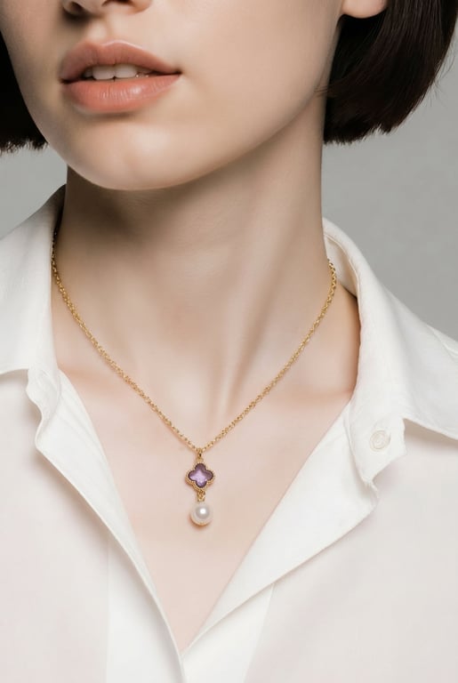Four leaf Clover and Pearl Pendant Necklace - Gold Plated 