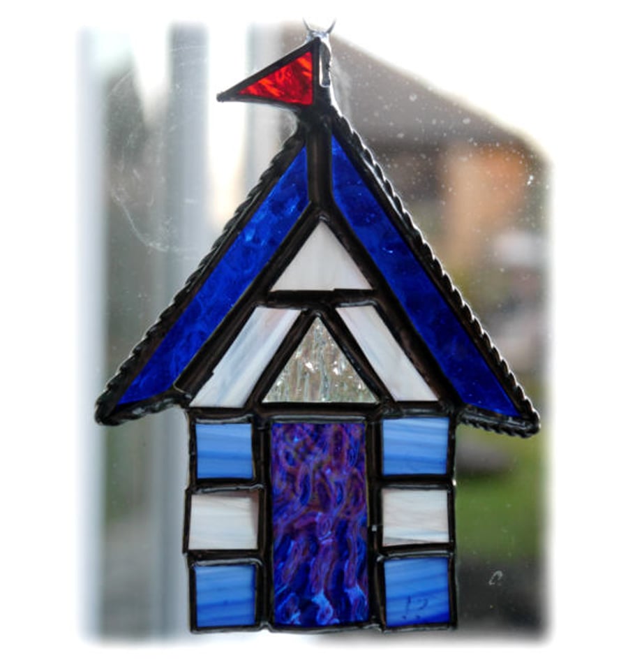 Beach Hut Suncatcher Stained Glass Blue White