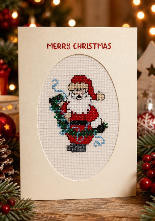 Handmade Cross Stitch Happy Santa Christmas Card – Beaded Festive Card