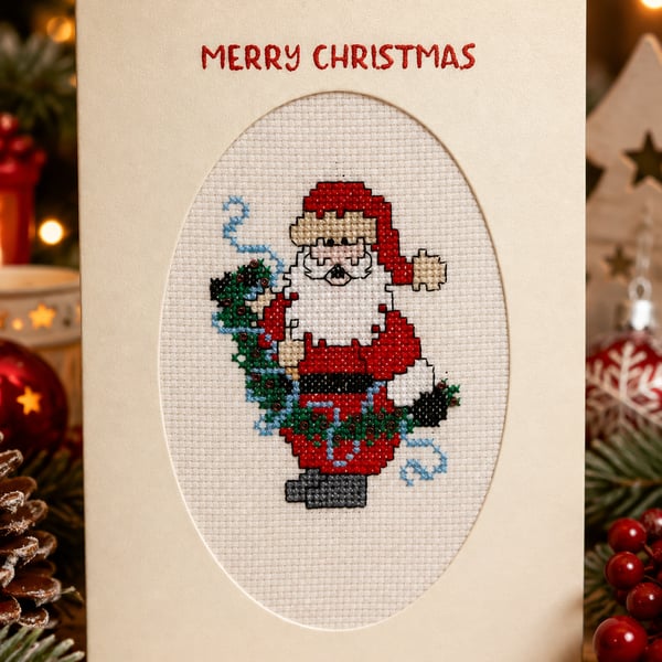 Handmade Cross Stitch Happy Santa Christmas Card – Beaded Festive Card