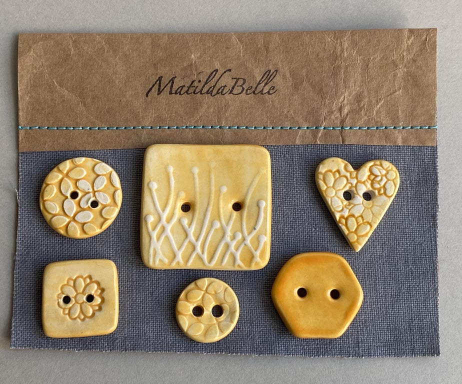 Buttons handmade Mixed set of Six ceramic Yellow glazed buttons
