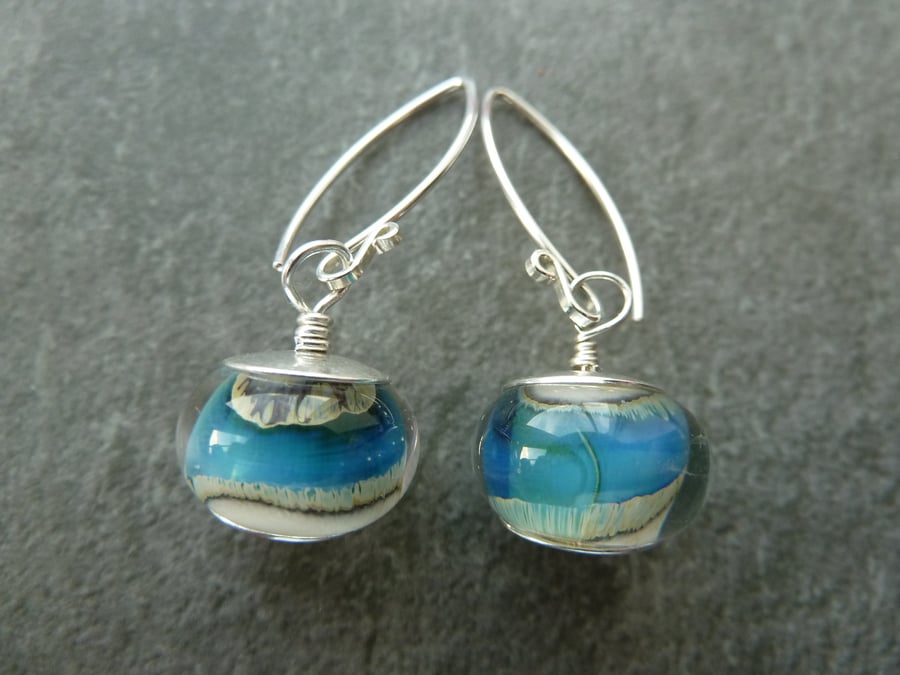 sterling silver earrings, ivory and blue lampwork glass
