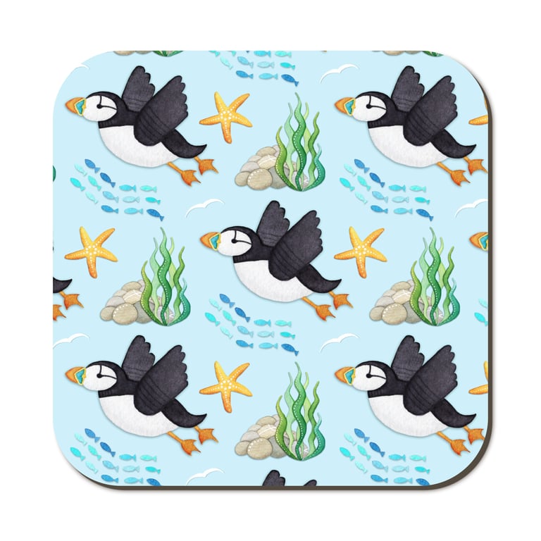 Puffin Coaster. Cute Seaside Watercolour Pattern Coastal Nautical Kitchen Decor 