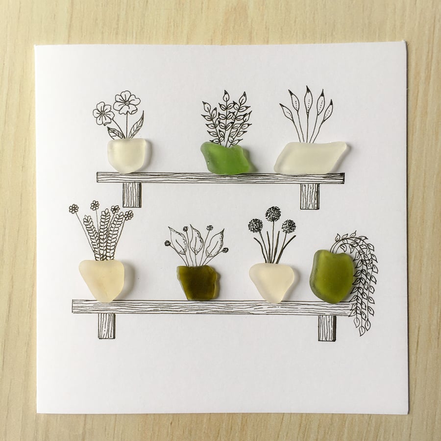 SALE-Hand drawn ‘plant pots’ greeting card, with sea glass from Cornwall 