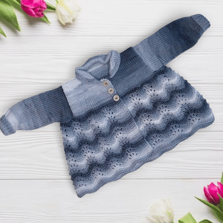 Hand Knitted Baby Cardigan, Grey White Ombre, 0-3 Months