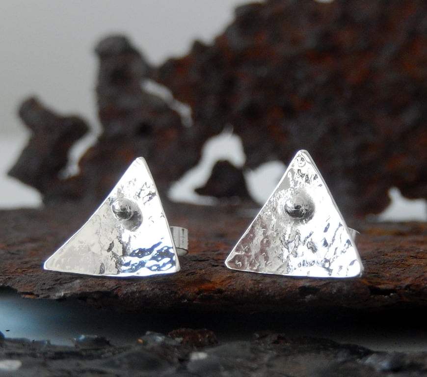 STERLING SILVER Texture Triangle stud earrings, Handmade Urban Jewellery