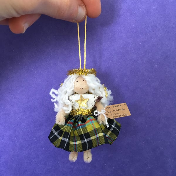 Tiny Cornish Tartan, Curly Hair Fairy Doll Decoration 
