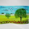 Poppies and Oaks Landscape fused glass wave