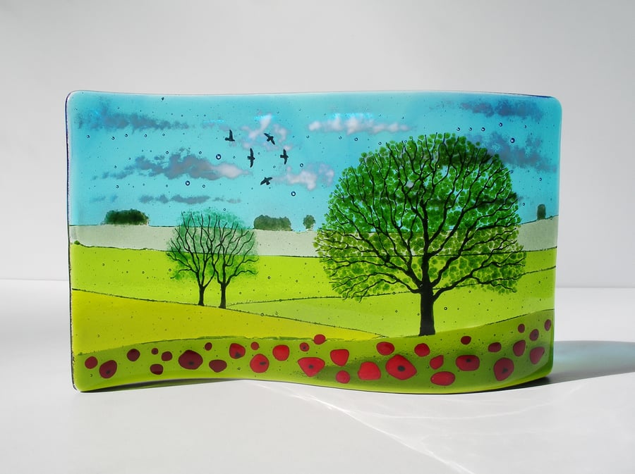 Poppies and Oaks Landscape fused glass wave