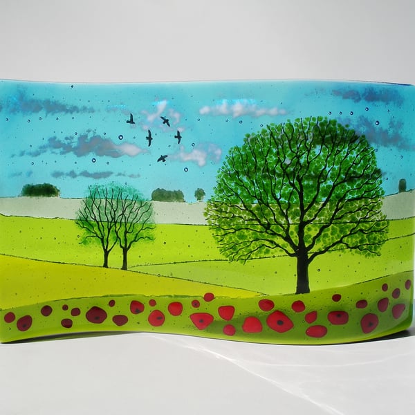 Poppies and Oaks Landscape fused glass wave