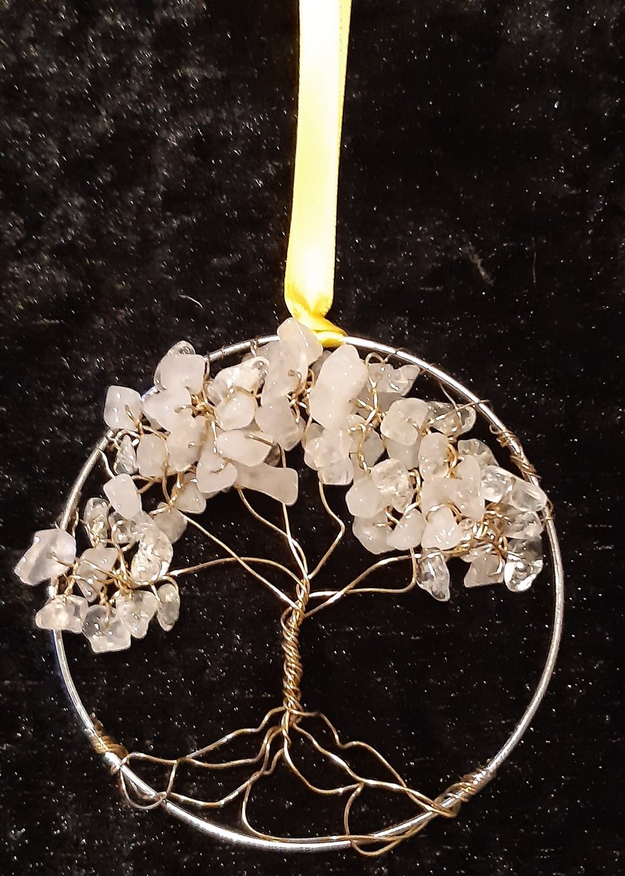 clear quartz Crystal tree of life bangle hangers on a ribbon 
