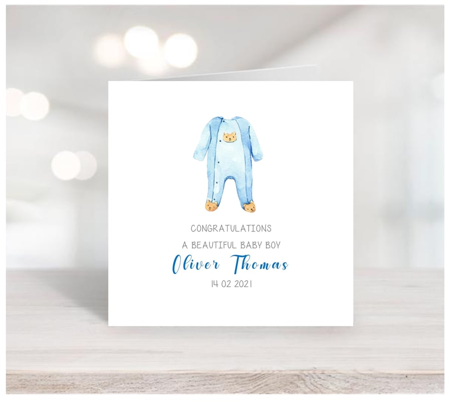 Watercolour Baby Gro design - Personalised New Baby Boy Card