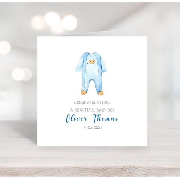 Watercolour Baby Gro design - Personalised New Baby Boy Card