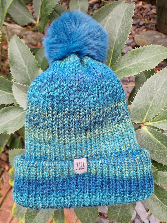 Bobble Hat Chunky Blue and Green Multi-Coloured Knitted Ladies Turquoise Pom Pom