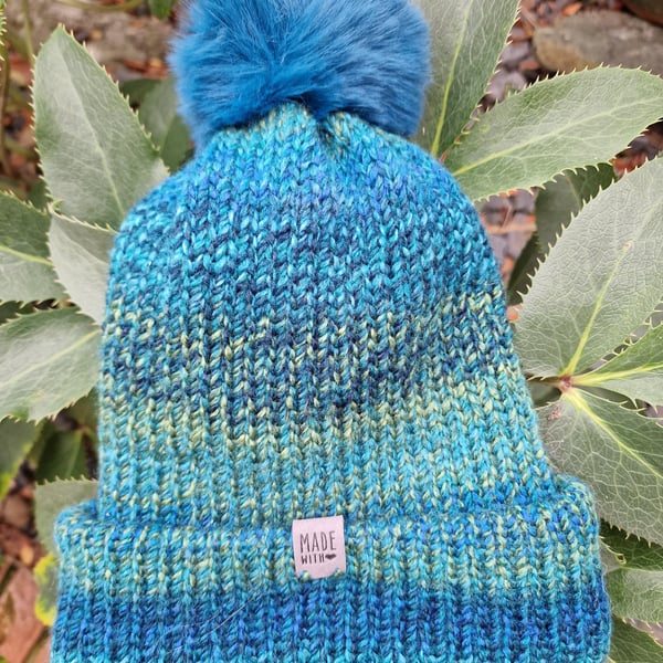 Bobble Hat Chunky Blue and Green Multi-Coloured Knitted Ladies Turquoise Pom Pom