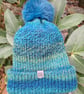 Ladies Chunky Blue and Green Multi-Coloured Knitted Bobble Hat Turquoise Pom Pom