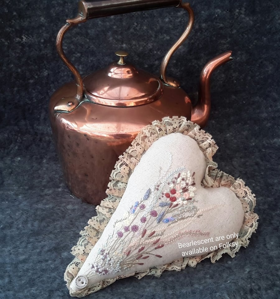 Fabric heart, large hand embroidered hanging heart, wedding gift or ring pillow