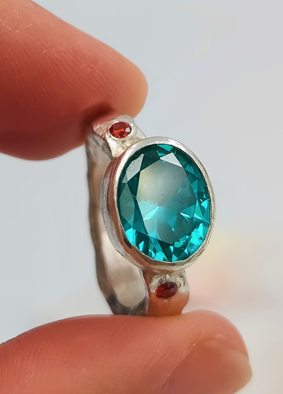Hand-Forged Sterling Silver Ring with Oval Blue YAG Gemstone : Size L