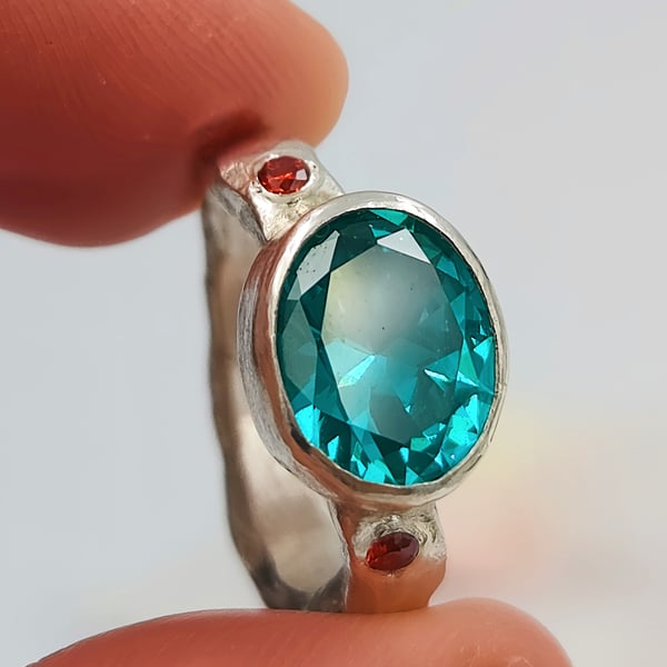 Hand-Forged Sterling Silver Ring with Oval Blue YAG Gemstone : Size L