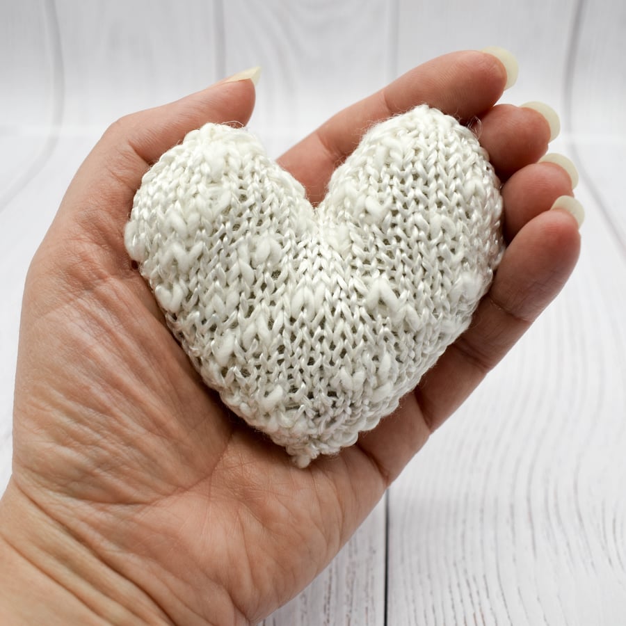 SOLD - Hand knitted heart - pocket hug - White